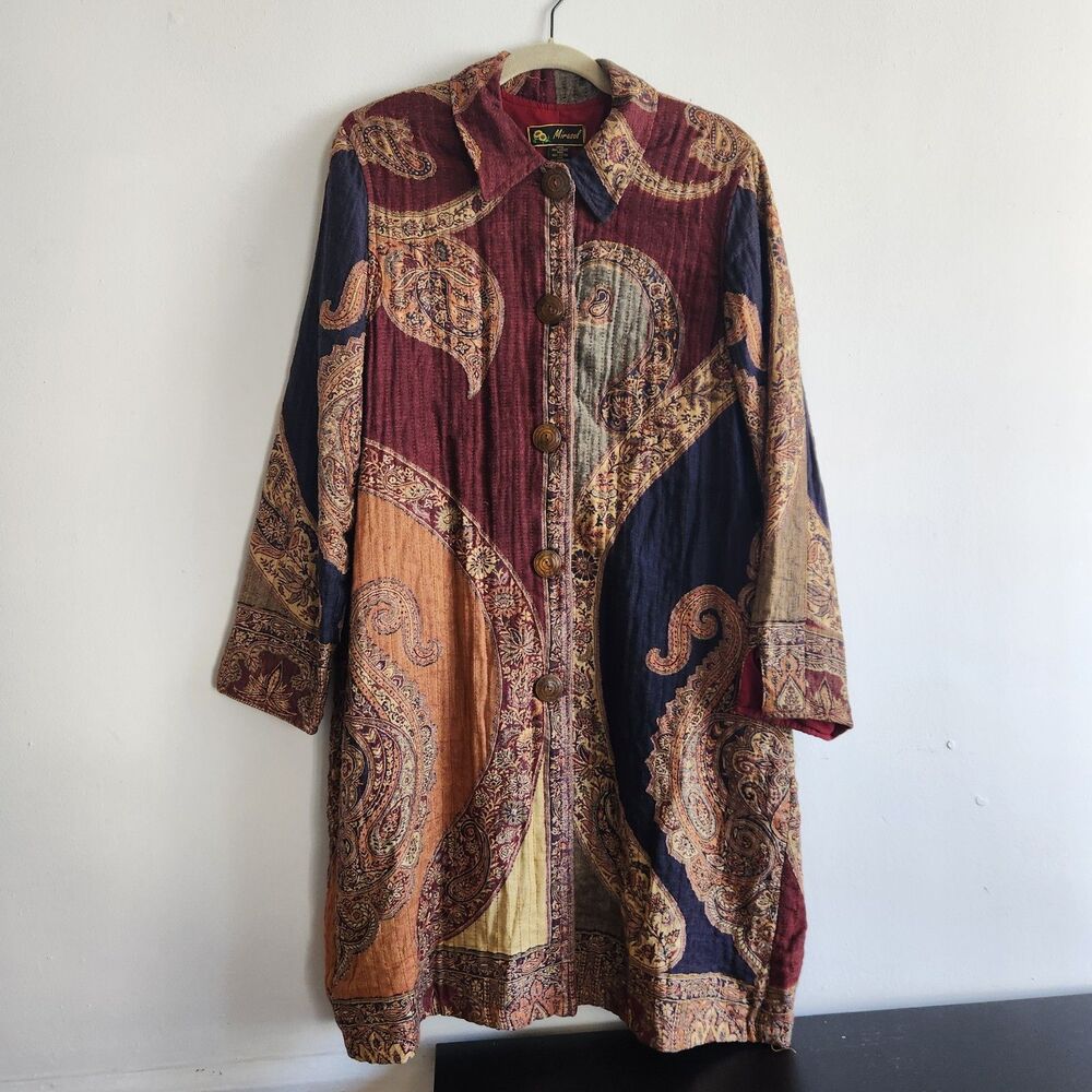 Mirasol Womens L Paisley Long Jacket Coat Boho Tapestry Button Front fall artsy